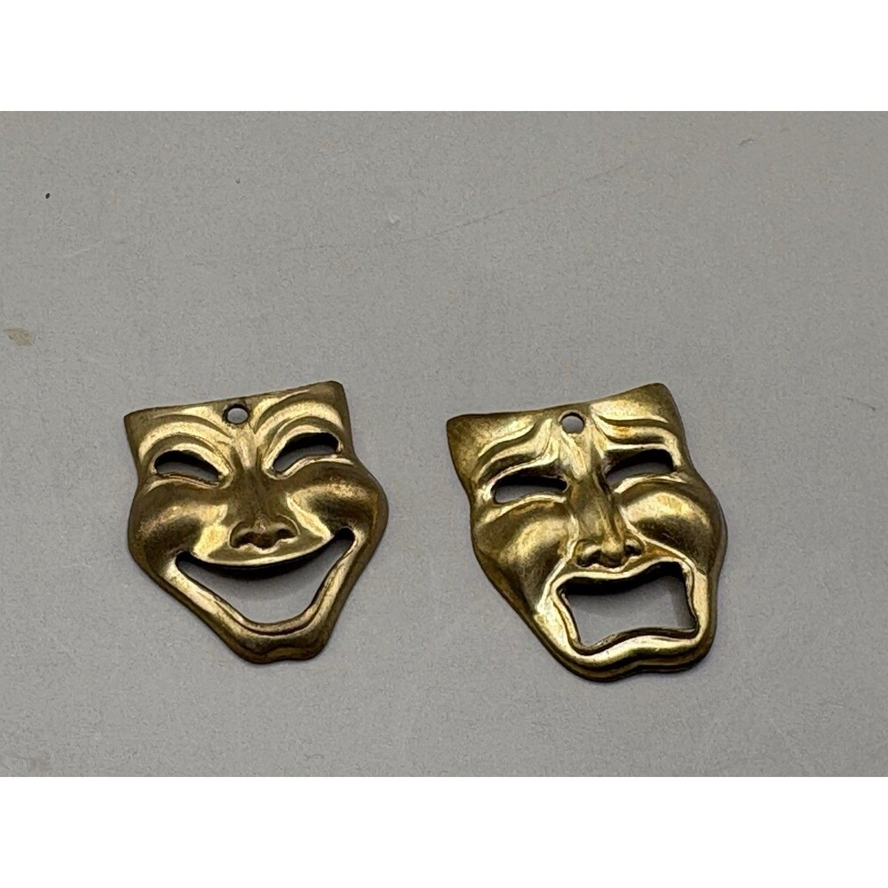 Vintage Unsigned Gold Tone Comedy Tragedy Theater Masks Charm  For Necklace 3/4”
